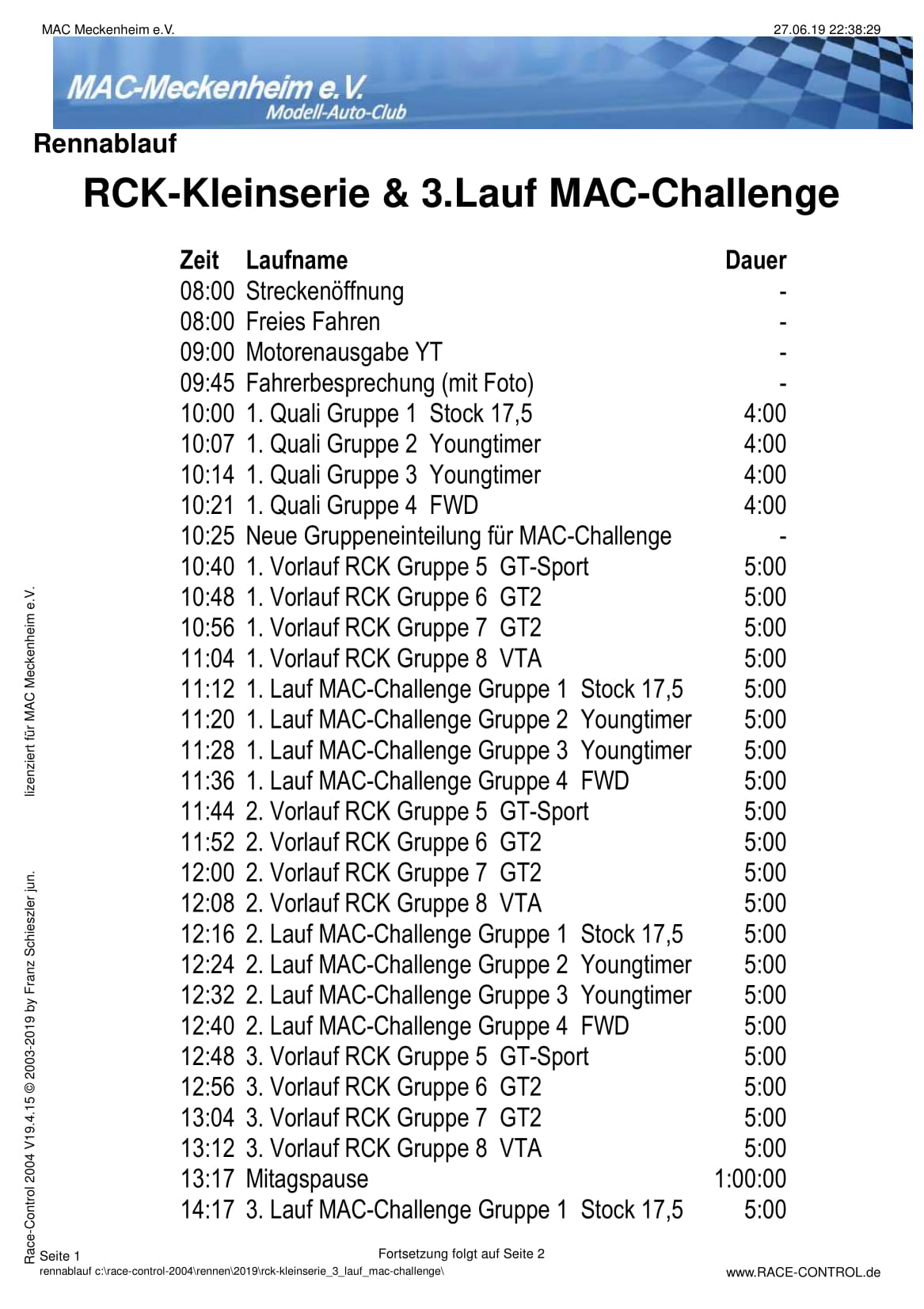 Zeitplan RCK-KleinSerie & 3. Lauf MAC-Challenge