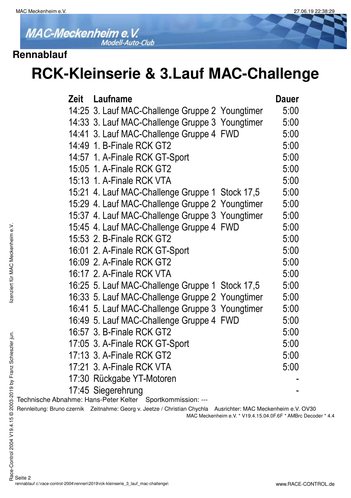 Zeitplan RCK-KleinSerie & 3. Lauf MAC-Challenge